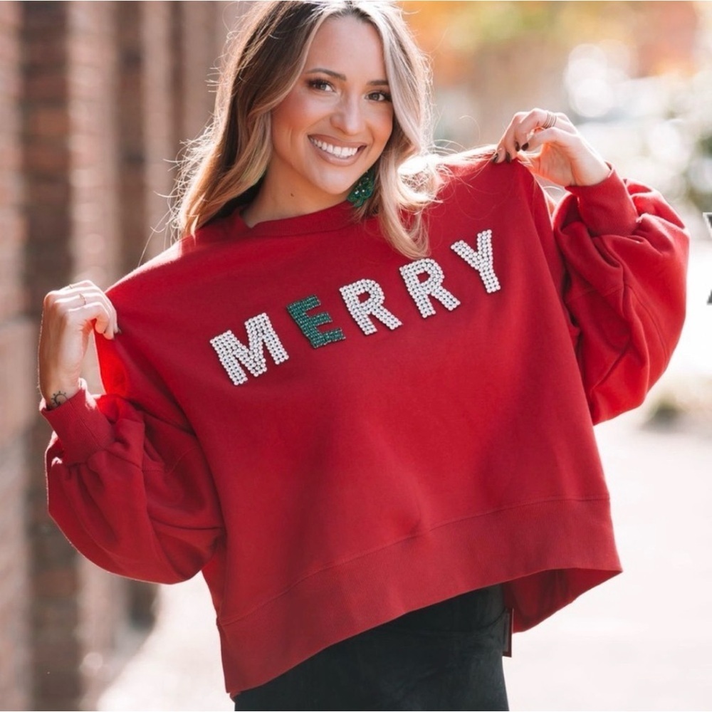 Judith March MERRY Rhinestone Sweatshirt Large Red Green Holiday Festive Fun - Picture 2 of 11
